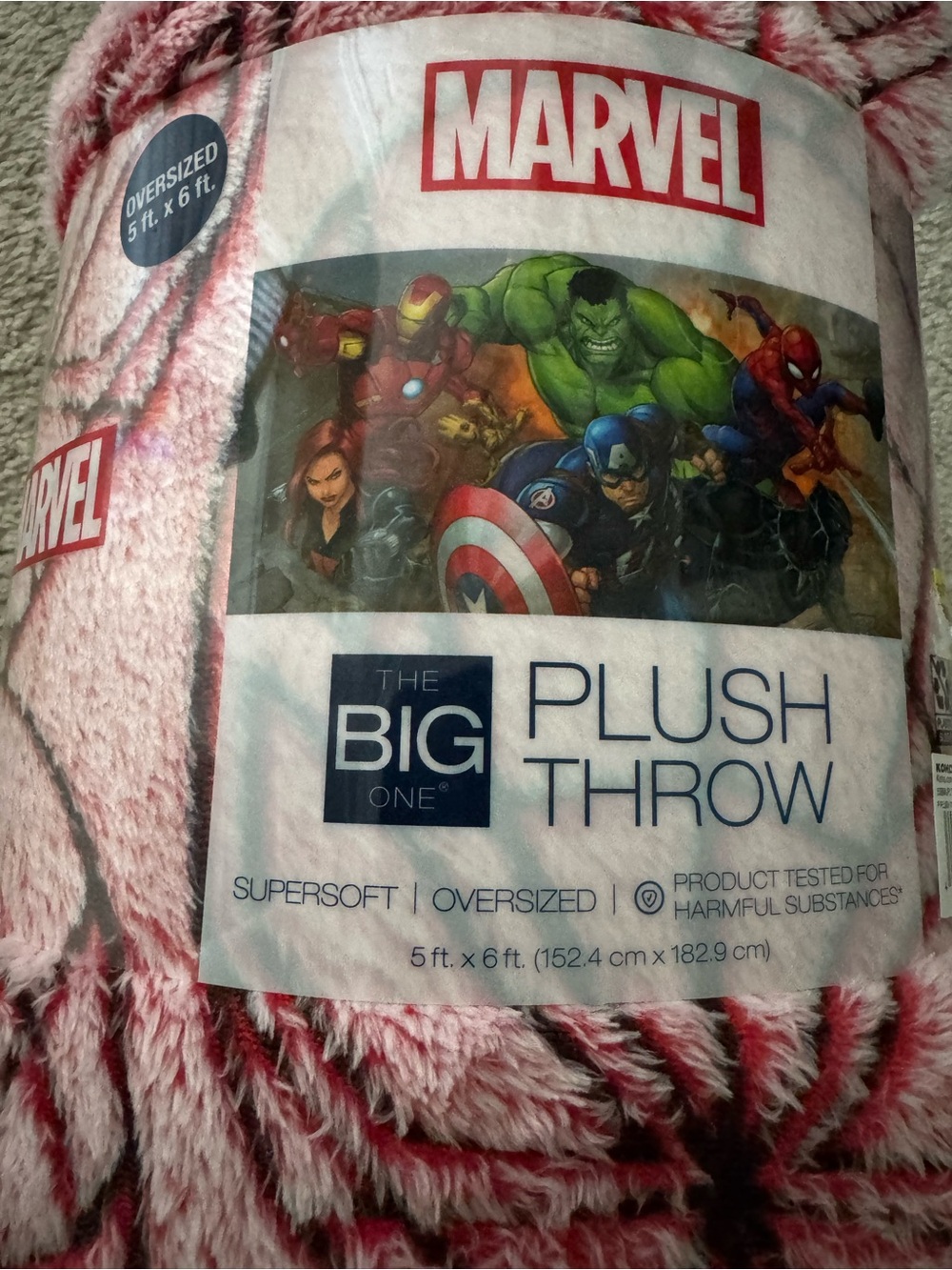 Marvel Plush Throw Blanket in Pink and White with Superhero Label
